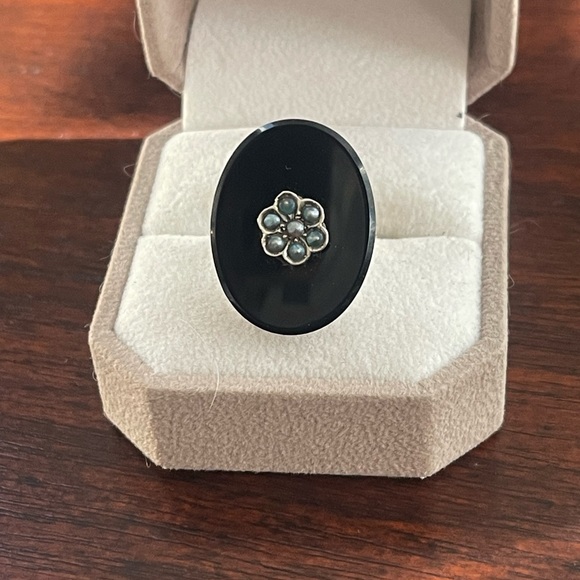 Antique Victorian style black onyx & pearl solid sterling silver size 6.75 ring - Picture 2 of 10